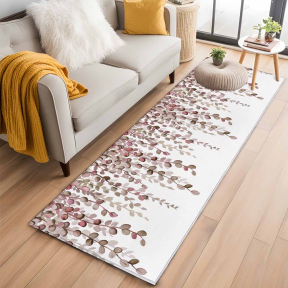 Kitchen Runner 2 x 6 Ft, Brown Eucalyptus Leaves Non-Slip Residential Carpet, Spring Leaves Plants Country Indoor Crawling Mats Runner Rugs for Living Room/Dining Room/Bedroom
