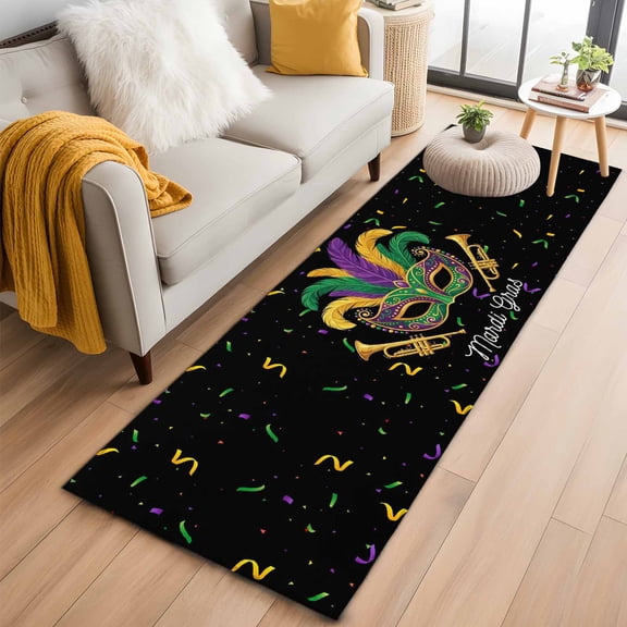 Kitchen Runner 2 x 6 Ft, Carnival Non-Slip Residential Carpet, Chic Purple Green Feathers Mask Ribbons Indoor Crawling Mats Runner Rugs for Living Room/Dining Room/Bedroom