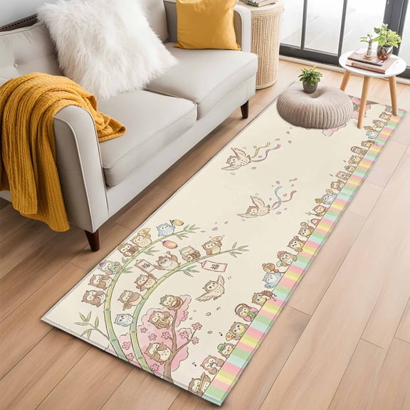 Kitchen Runner 2 x 6 Ft, Cute Owl Non-Slip Residential Carpet, Funny Cartoon Animals Birds Plants Summer Pink Indoor Crawling Mats Runner Rugs for Living Room/Dining Room/Bedroom