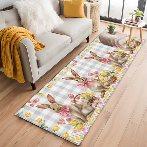 Kitchen Runner 2 x 6 Ft, Easter Bunny Eggs Non-Slip Residential Carpet, Spring Tulips Rustic Rabbits Grey Plaid Indoor Crawling Mats Runner Rugs for Living Room/Dining Room/Bedroom