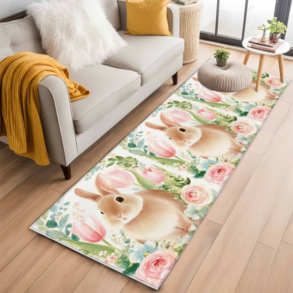 Kitchen Runner 2 x 6 Ft, Easter Bunny Non-Slip Residential Carpet, Pink Tulip Flowers Rabbit Country Botanical Indoor Crawling Mats Runner Rugs for Living Room/Dining Room/Bedroom
