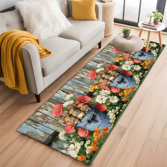 Kitchen Runner 2 x 6 Ft, Easter Non-Slip Residential Carpet, Retro Spring Rabbit Flowers Plants Wooden Plank Indoor Crawling Mats Runner Rugs for Living Room/Dining Room/Bedroom