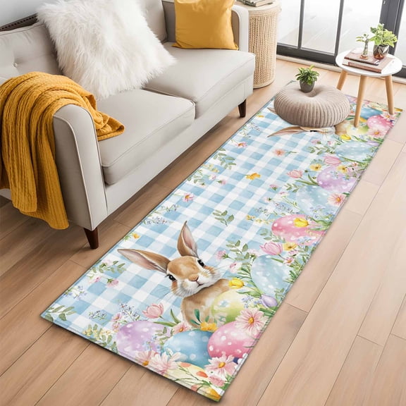 Kitchen Runner 2 x 6 Ft, Easter Non-Slip Residential Carpet, Spring Rabbit Eggs Seasonal Flowers Blue Lattice Indoor Crawling Mats Runner Rugs for Living Room/Dining Room/Bedroom
