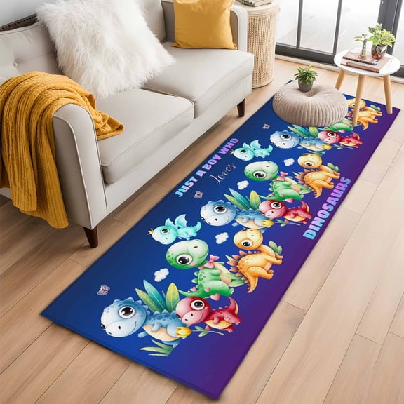 Kitchen Runner 2 x 6 Ft, Funny Dinosaur Non-Slip Residential Carpet, Cute Dino Purple Cartoon Boys Girls Children Indoor Crawling Mats Runner Rugs for Living Room/Dining Room/Bedroom