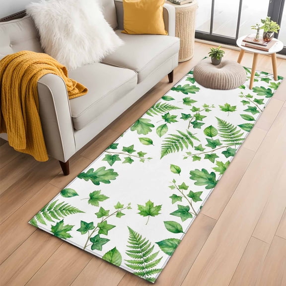 Kitchen Runner 2 x 6 Ft, Green Botanical Non-Slip Residential Carpet, Spring Ivy Ferns Leaves Plants Indoor Crawling Mats Runner Rugs for Living Room/Dining Room/Bedroom