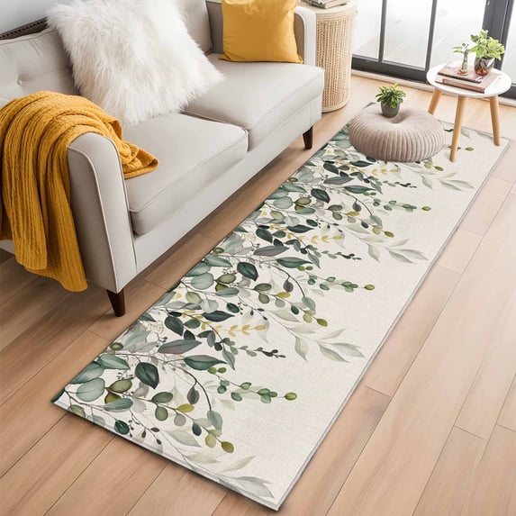 Kitchen Runner 2 x 6 Ft, Green Eucalyptus Non-Slip Residential Carpet, Farmhouse Weeping Leaves on Linen Indoor Crawling Mats Runner Rugs for Living Room/Dining Room/Bedroom