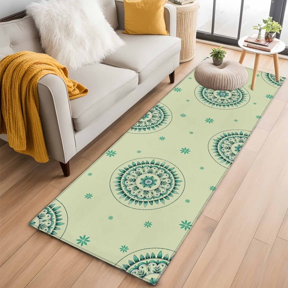 Kitchen Runner 2 x 6 Ft, Green Floral Non-Slip Residential Carpet, round Floral Ethnic Abstract Patterned Indoor Crawling Mats Runner Rugs for Living Room/Dining Room/Bedroom
