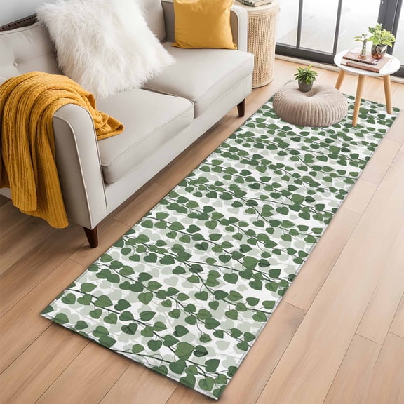 Kitchen Runner 2 x 6 Ft, Green Ivy Leaves Non-Slip Residential Carpet, Spring Botanical Modern Country Indoor Crawling Mats Runner Rugs for Living Room/Dining Room/Bedroom