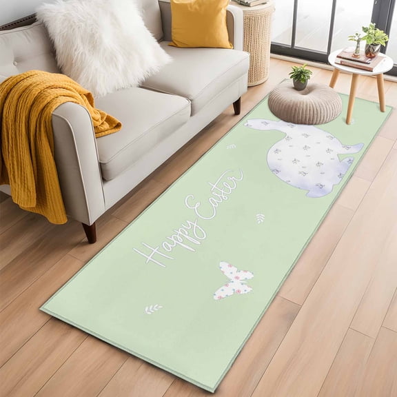 Kitchen Runner 2 x 6 Ft, Happy Easter Bunny Non-Slip Residential Carpet, Rabbit Butterfly Spring Flowers Green Indoor Crawling Mats Runner Rugs for Living Room/Dining Room/Bedroom