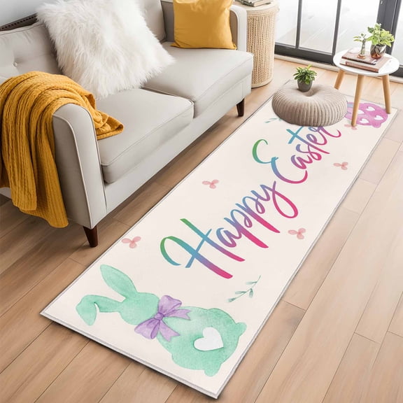 Kitchen Runner 2 x 6 Ft, Happy Easter Non-Slip Residential Carpet, Colorful Bunny Love Heart Rabbits Retro Pink Indoor Crawling Mats Runner Rugs for Living Room/Dining Room/Bedroom