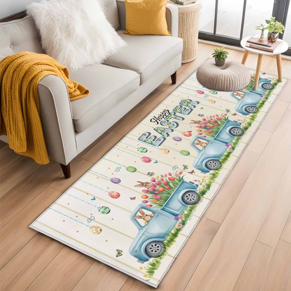 Kitchen Runner 2 x 6 Ft, Happy Easter Non-Slip Residential Carpet, Watercolor Floral Truck Eggs Rabbits Spring Beige Indoor Crawling Mats Runner Rugs for Living Room/Dining Room/Bedroom