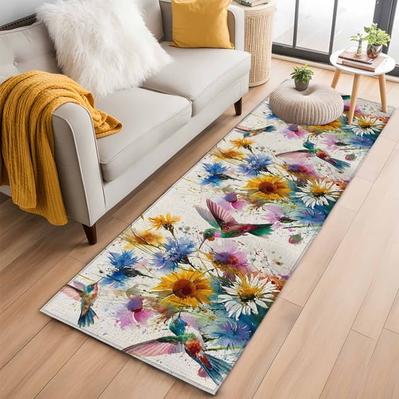 Kitchen Runner 2 x 6 Ft, Hummingbird Non-Slip Residential Carpet, Spring Vintage Oil Painting Sunflowers Beige Indoor Crawling Mats Runner Rugs for Living Room/Dining Room/Bedroom