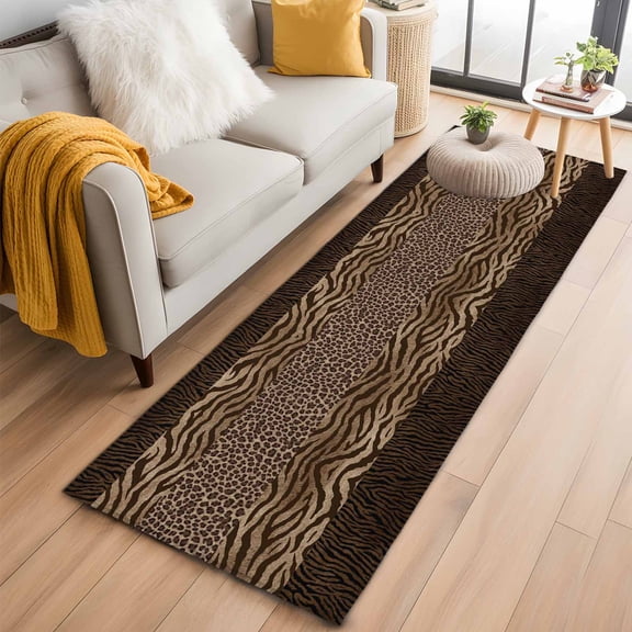 Kitchen Runner 2 x 6 Ft, Leopard Zebra Print Non-Slip Residential Carpet, Vintage Animal Skin Striped Brown Indoor Crawling Mats Runner Rugs for Living Room/Dining Room/Bedroom