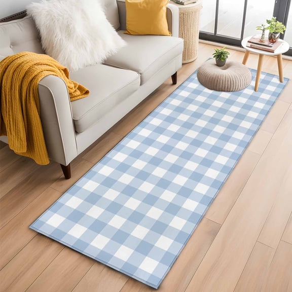 Kitchen Runner 2 x 6 Ft, Light Blue Plaid Non-Slip Residential Carpet, Modern Minimalist Country Indoor Crawling Mats Runner Rugs for Living Room/Dining Room/Bedroom