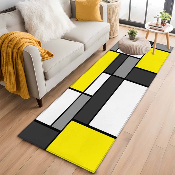 Kitchen Runner 2 x 6 Ft, Modern Geometric Yellow Black Non-Slip Residential Carpet, Abstract Minimalist Blocks Indoor Crawling Mats Runner Rugs for Living Room/Dining Room/Bedroom