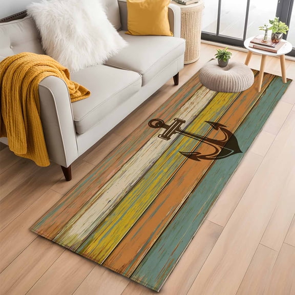 Kitchen Runner 2 x 6 Ft, Nautical Anchor Non-Slip Residential Carpet, Farmhouse Vintage Old Wooden Grain Indoor Crawling Mats Runner Rugs for Living Room/Dining Room/Bedroom