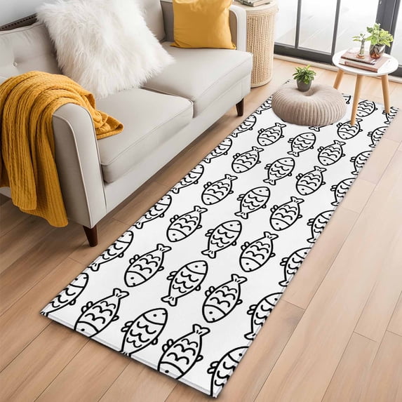 Kitchen Runner 2 x 6 Ft, Ocean Brown Fish Non-Slip Residential Carpet, Summer Fishing Coastal Nautical Simple Indoor Crawling Mats Runner Rugs for Living Room/Dining Room/Bedroom