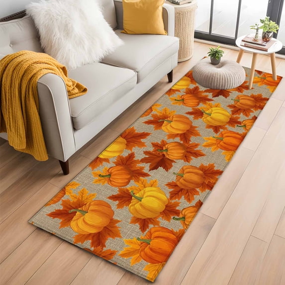 Kitchen Runner 2 x 6 Ft, Orange Fall Non-Slip Residential Carpet, Pumpkins Thanksgiving Maple Leaf Rustic Indoor Crawling Mats Runner Rugs for Living Room/Dining Room/Bedroom