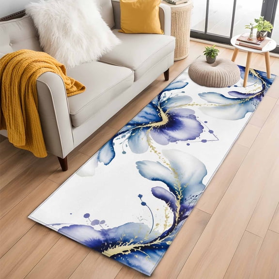 Kitchen Runner 2 x 6 Ft, Purple Marble Stone Non-Slip Residential Carpet, White Ink Splash Farm Marble Abstract Indoor Crawling Mats Runner Rugs for Living Room/Dining Room/Bedroom
