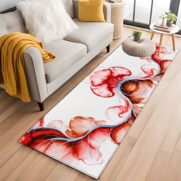 Kitchen Runner 2 x 6 Ft, Red Marble Stone Non-Slip Residential Carpet, Ink Splash Country Marble Abstract Indoor Crawling Mats Runner Rugs for Living Room/Dining Room/Bedroom