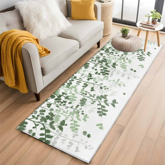 Kitchen Runner 2 x 6 Ft, Sage Green Leaves Non-Slip Residential Carpet, Summer Botanical Indoor Crawling Mats Runner Rugs for Living Room/Dining Room/Bedroom