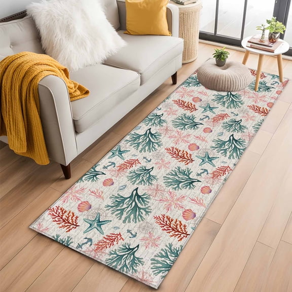 Kitchen Runner 2 x 6 Ft, Sage Green Red Coral Non-Slip Residential Carpet, Coastal Nautical Summer Beach Indoor Crawling Mats Runner Rugs for Living Room/Dining Room/Bedroom