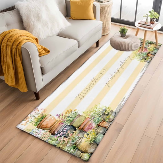 Kitchen Runner 2 x 6 Ft, Spring Flowers Non-Slip Residential Carpet, Country Botanical Budding Floral Pot Stripes Indoor Crawling Mats Runner Rugs for Living Room/Dining Room/Bedroom