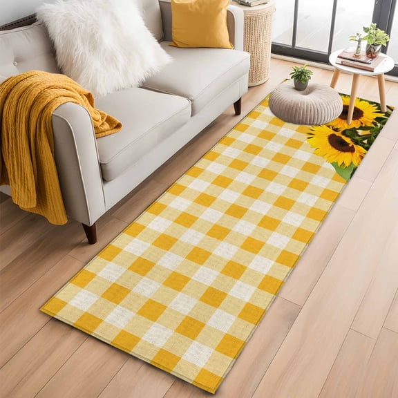Kitchen Runner 2 x 6 Ft, Spring Sunflowers Non-Slip Residential Carpet, Yellow White Plaid Farmhouse Rustic Indoor Crawling Mats Runner Rugs for Living Room/Dining Room/Bedroom