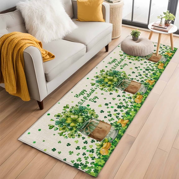 Kitchen Runner 2 x 6 Ft, St. Patrick's Day Non-Slip Residential Carpet, Farmhouse Green Lucky Clovers Coin Indoor Crawling Mats Runner Rugs for Living Room/Dining Room/Bedroom
