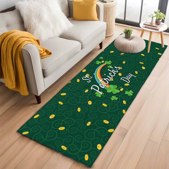 Kitchen Runner 2 x 6 Ft, St. Patrick's Day Non-Slip Residential Carpet, Green Shamrock Rainbow Gold Coin Simple Indoor Crawling Mats Runner Rugs for Living Room/Dining Room/Bedroom