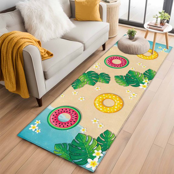 Kitchen Runner 2 x 6 Ft, Summer Swimming Rings Non-Slip Residential Carpet, Floral Plumeria Beach Seaside Indoor Crawling Mats Runner Rugs for Living Room/Dining Room/Bedroom