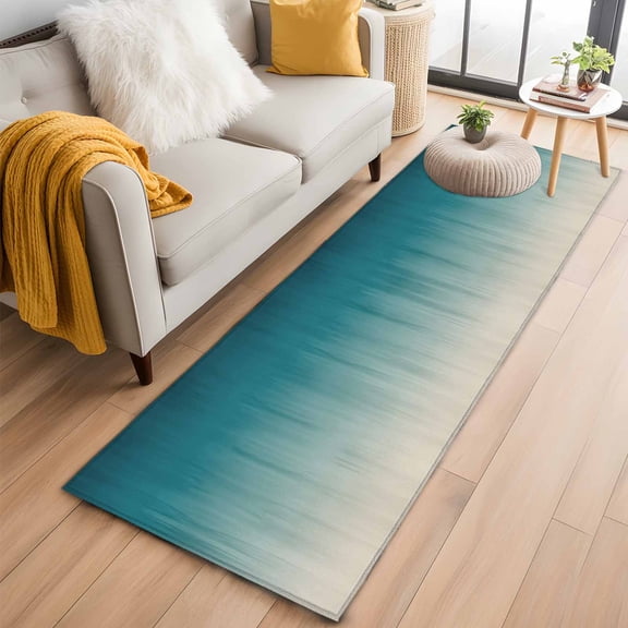 Kitchen Runner 2 x 6 Ft, Teal Blue Ombre Non-Slip Residential Carpet, Contemporary Gradient Abstract Art Indoor Crawling Mats Runner Rugs for Living Room/Dining Room/Bedroom