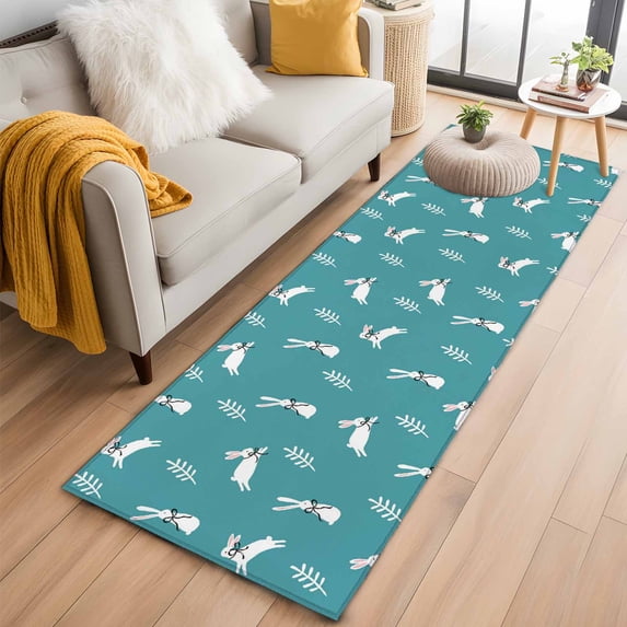 Kitchen Runner 2 x 6 Ft, Teal Spring Easter Non-Slip Residential Carpet, Cute Bunny Botanical Indoor Crawling Mats Runner Rugs for Living Room/Dining Room/Bedroom