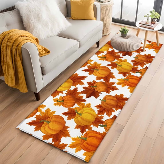 Kitchen Runner 2 x 6 Ft, Thanksgiving Non-Slip Residential Carpet, Fall Orange Pumpkin Maple Leaves Farmhouse Indoor Crawling Mats Runner Rugs for Living Room/Dining Room/Bedroom