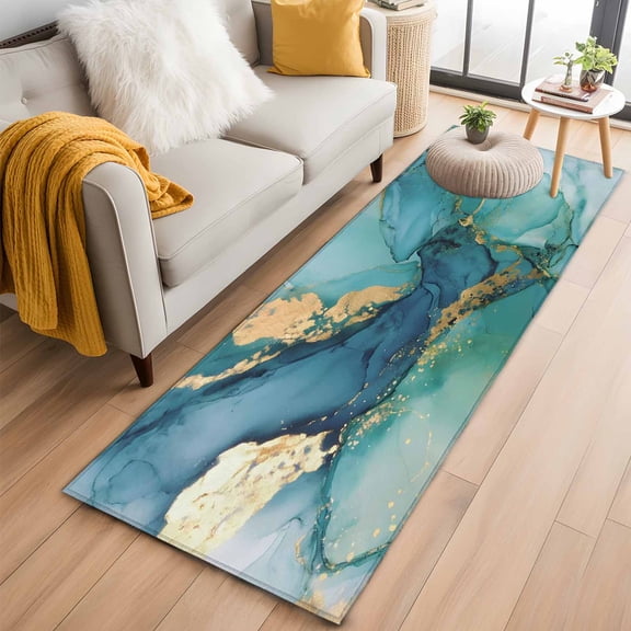 Kitchen Runner 2 x 6 Ft, Turquoise Marble Non-Slip Residential Carpet, Abstract Minimalist Art Ombre Blue Indoor Crawling Mats Runner Rugs for Living Room/Dining Room/Bedroom