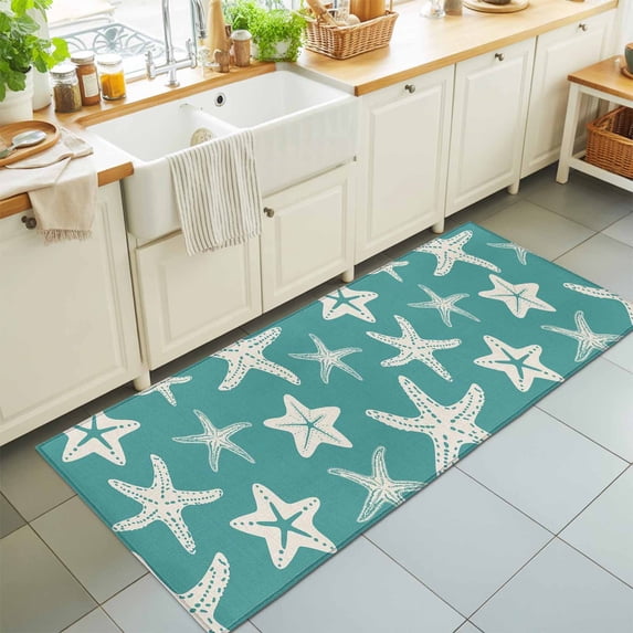 Kitchen Runner 2 x 6 Ft, Turquoise Starfish Coastal Non-Slip Residential Carpet, Nautical Summer Ocean Abstract Art Indoor Crawling Mats Runner Rugs for Living Room/Dining Room/Bedroom