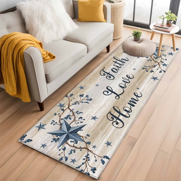 Kitchen Runner 2 x 6 Ft, Vintage Country Non-Slip Residential Carpet, Blue Rustic Texas Star Vines Wooden Grain Indoor Crawling Mats Runner Rugs for Living Room/Dining Room/Bedroom