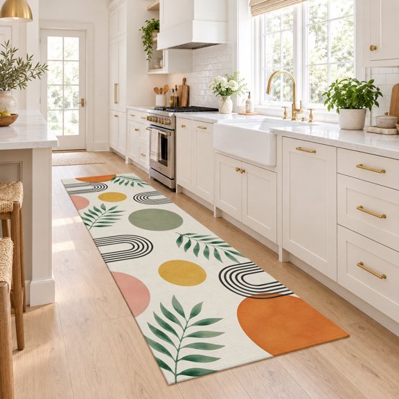 Kitchen Runner Rug 2 x 6 Washable, Boho Sun Discs Area Rugs for Hallways, Bedroom Green Leaves Middle Century Abstract Vintage Decorative 6Ft Long Carpet Runner for Laundry Room, Entryway