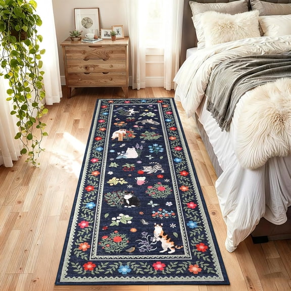 Kitchen Runner Rug 2x6 Cute Cat Washable Rug Runner, Floral Bordered Long Rugs for Hallway, Non Slip Stain Resistant Carpet Non Shedding Low Pile Mat for Entryway, Bedroom, Laundry Room, Blue