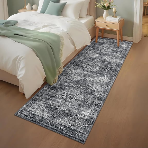 Kitchen Runner Rug 2x6 Floral Bathroom Rug Vintage Soft Non Slip Hallway Runner Washable Retro Accent Low Pile Area Rug Carpet for Entryway, Laundry, Bedroom, Dark Grey