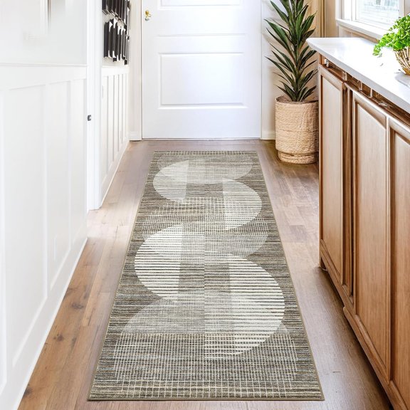 Kitchen Runner Rug - 2x6 Washable Modern Geometric Rugs, Soft Ultra Thin Hallway Runner, Low Pile Non Slip Contemporary Throw Carpet for Laundry Bathroom Bedroom, Brown