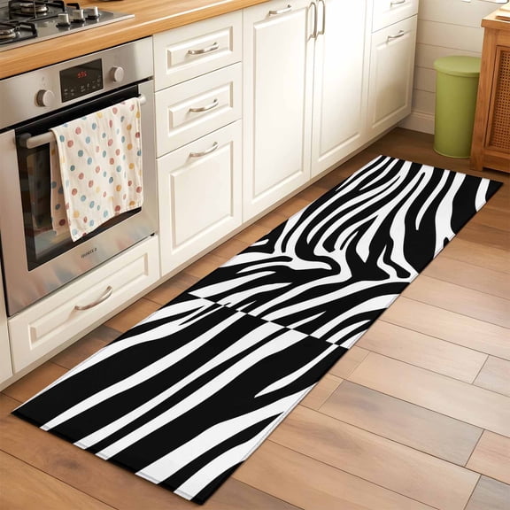Kitchen Runner Rug Abstract Black White Zebra Stripe Runner Rugs for Bedroom Hallway Entryway Stair, Animal Texture Area Rug Non-slip Washable Floor Carpet 2x6ft