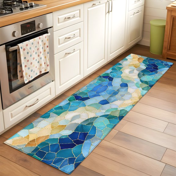 Kitchen Runner Rug Abstract Blue Yellow Glass Shard Runner Rugs for Bedroom Hallway Entryway Stair, Seamless Broken Tile Print Area Rug Non-slip Washable Floor Carpet 2x6ft