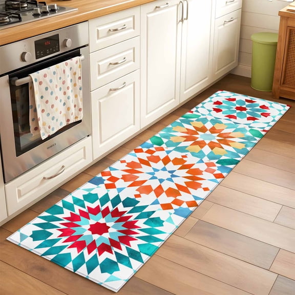 Kitchen Runner Rug Abstract Bohemian Tribal Ethnic Runner Rugs for Bedroom Hallway Entryway Stair, Vintage Aesthetic Flower Area Rug Non-slip Washable Floor Carpet 2x6ft