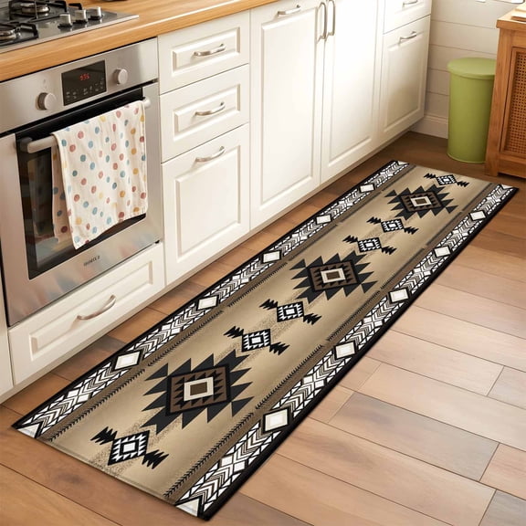 Kitchen Runner Rug Abstract Boho Brown Geometric Pattern Runner Rugs for Bedroom Hallway Entryway Stair, Retro Southwest Theme Area Rug Non-slip Washable Floor Carpet 2x6ft