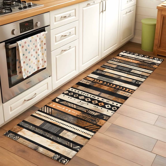 Kitchen Runner Rug Abstract Ethnic Geometric Stripes Runner Rugs for Bedroom Hallway Entryway Stair, Boho Tribal Totem Lines Washable Area Rug Non-slip Floor Carpet 2x6ft