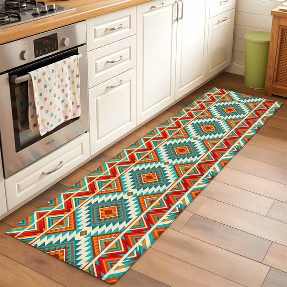 Kitchen Runner Rug Abstract Ethnic Geometric Texture Runner Rugs for Bedroom Hallway Entryway Stair, Tribal Retro Herringbone Art Area Rug Non-slip Washable Floor Carpet 2x6ft