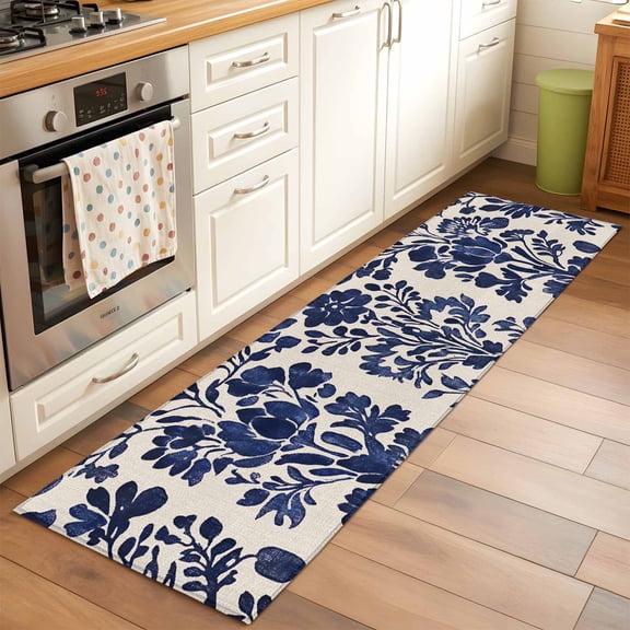Kitchen Runner Rug Abstract Flower Deep Blue Runner Rugs for Bedroom Hallway Entryway Stair, Retro Linen Washable Area Rug Non-slip Floor Carpet 2x6ft
