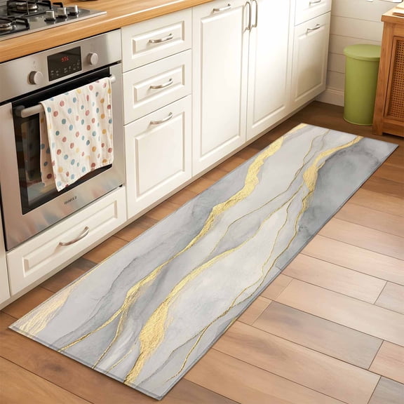 Kitchen Runner Rug Abstract Gold Lines Marble Texture Runner Rugs for Bedroom Hallway Entryway Stair, Grey Stone Art Area Rug Non-slip Washable Floor Carpet 2x6ft