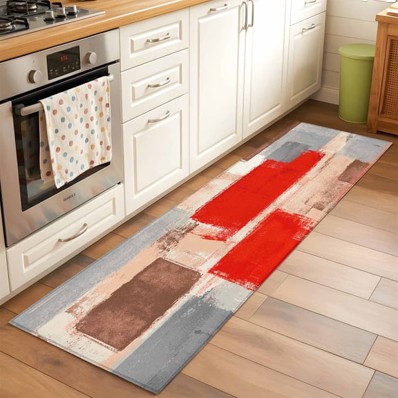 Kitchen Runner Rug Abstract Graffiti Color Block Runner Rugs for Bedroom Hallway Entryway Stair, Red Gray Brown Square Texture Washable Area Rug Non-slip Floor Carpet 2x6ft